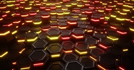 Fototapeta premium Red and Orange close-up and blured. Hexagon abstract background. hexagonal structure 3d illustration