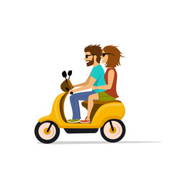 Fototapeta na wymiar happy cool young couple driving scooter, isolated cartoon vector illustration