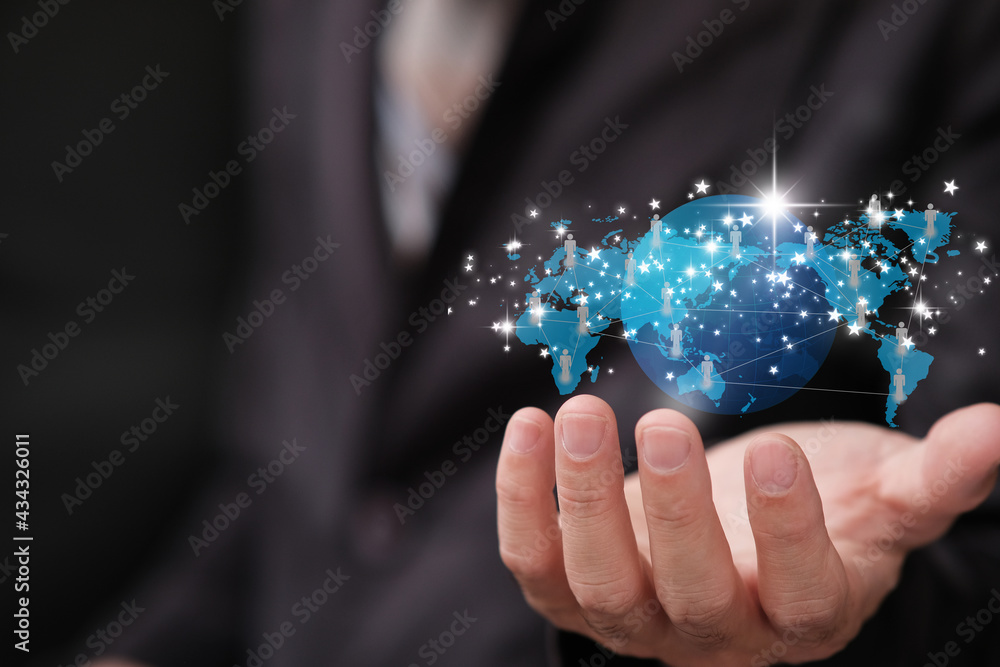 Poster businessman holding a global connection and technology data networking, global networks communicate 