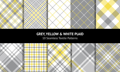 Seamless plaid pattern collection in yellow, grey, white. Spring summer tartan. Glen, tweed, gingham, vichy, buffalo check, houndstooth, tattersall, herringbone texture for modern textile print.