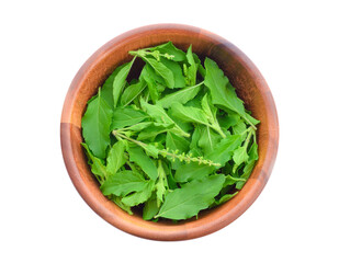 Basil flower and leaves in separate bowl on white background.