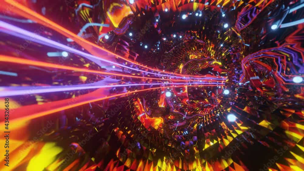Poster flying through an abstract 3d glossy tunnel with neon lighting. loop animation 3d render illustratio
