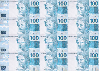 several banknotes of one hundred reais from brazil, texture of brazilian money, notes of reais background