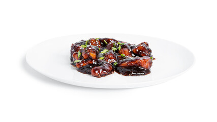 Spicy chicken in sweet and sour sauce with chili pepper. Teriyaki chicken with sesame seeds....