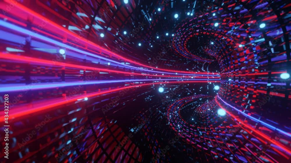 Poster flying through an abstract 3d glossy tunnel with neon lighting. loop animation 3d render illustratio