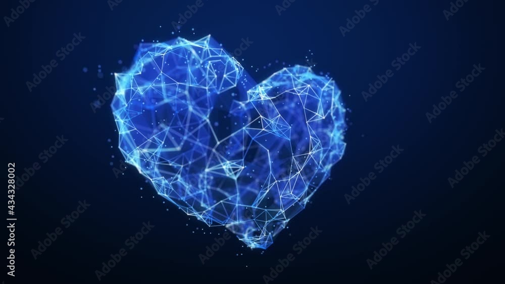 Poster 3d heart is assembled from dots and lines on a dark blue background. 4k animation