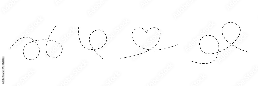 Poster line dotted route set. heart shape. traffic elements. dots linear path collection. vector isolated o