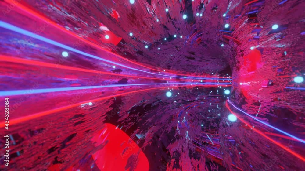 Poster flying through an abstract 3d glossy tunnel with neon lighting. loop animation 3d render illustratio