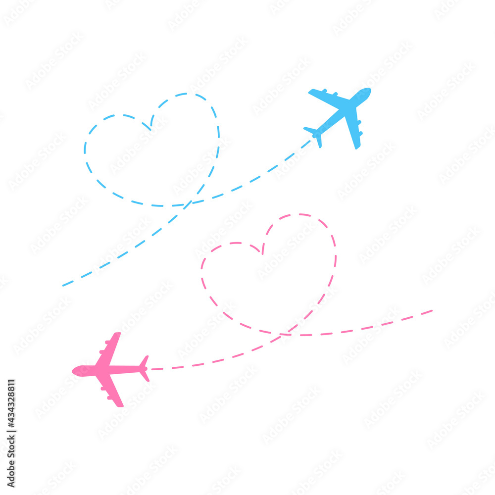Poster airplane route vector illustration. blue and pink flying planes icon set. heart dashed lines path wi