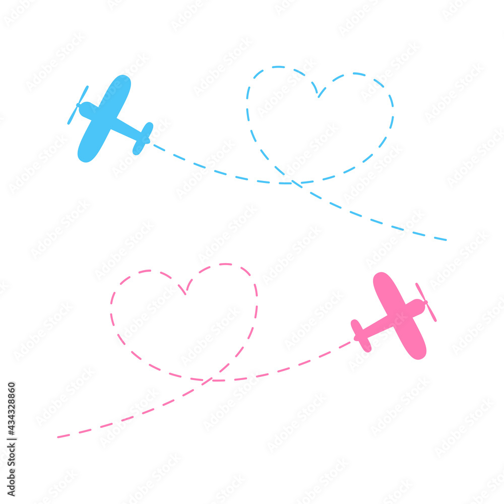 Poster airplane route vector illustration. blue and pink flying planes icon set. heart dashed lines path wi