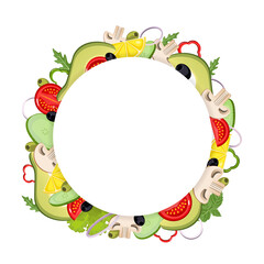 Vegetables in a cartoon style. Vector illustration. Round template with empty space for text with tomato, avocado, olive, mushroom, lemon, cucumber, pepper, lettuce, onion on white isolated background