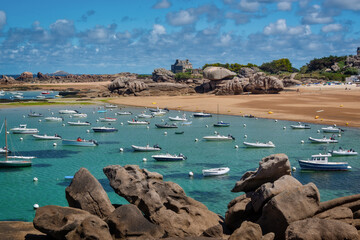 Sailing Boats and transparent water on Coz-Pors beach in Tregastel, Côtes d'Armor, Brittany, France - obrazy, fototapety, plakaty