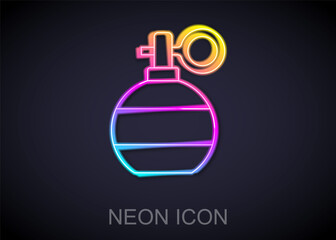 Obraz premium Glowing neon line Hand grenade icon isolated on black background. Bomb explosion. Vector