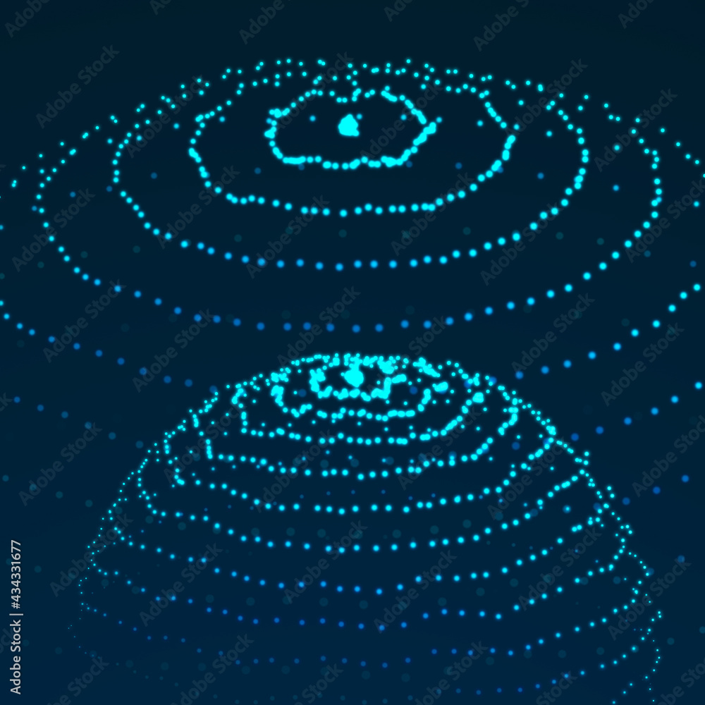 Poster abstract 3d sphere. futuristic dots background. colored music surface. 3d rendering.