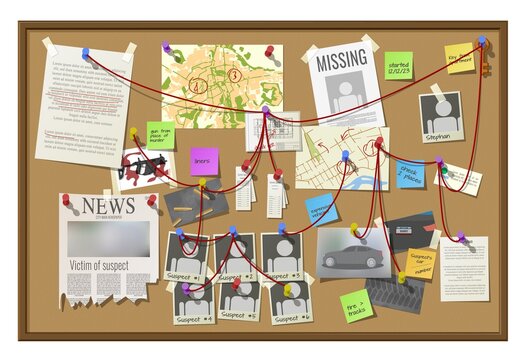 Crime investigation board, private detective or police officer officer vector cork board with victim, suspects or informants photos, newspaper, letter and city map, pins connected with red thread