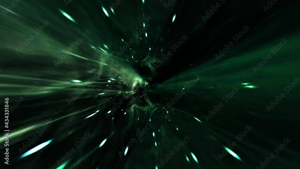 Poster abstract flight into glow green hyperspace tunnel animation. 4k 3d fly in worm hole loop sci-fi trav