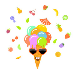 funny smiling cartoon ice cream in waffle cone, berries and fruits around