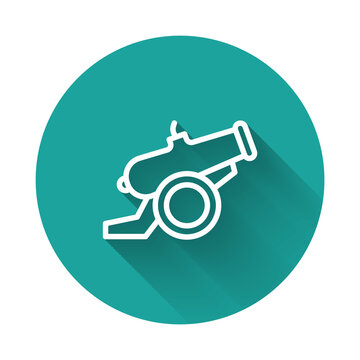 recommend clip art: White line Cannon icon isolated with long shadow background. Green circle button. Vector