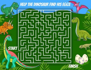 Labyrinth maze, kids riddle with cartoon dinosaurs. Find right way logical game, children educational puzzles book page template with cute horned and flying dinosaurs, prehistoric reptiles eggs