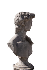 Side view of ancient stone sculpture of man's bust on white background