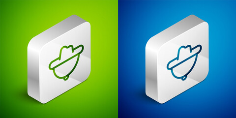 Isometric line Western cowboy hat icon isolated on green and blue background. Silver square button. Vector