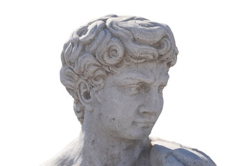 Ancient man's head stone sculpture on white background