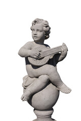 Fototapeta premium Ancient stone sculpture of naked cherub playing lute on white background