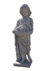 Obraz premium Stone sculpture of girl holding puppies in basket on white background
