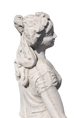Fototapeta na wymiar Close up side view of stone sculpture of woman on white background