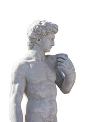 Fototapeta na wymiar Ancient man's upper body stone sculpture on white background