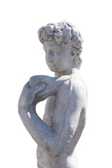 Obraz premium Side view of ancient man's upper body holding object stone sculpture on white background