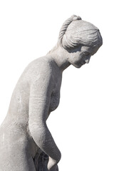 Side view of stone sculpture of naked woman on white background