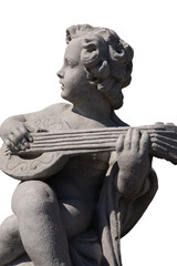 Fototapeta premium Side view of ancient stone sculpture of naked cherub playing lute on white background