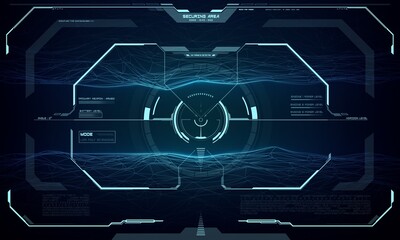 HUD futuristic screen interface, target aim control. Vector ski-fi monitor, UI frame, military optical aiming, spaceship crosshair. Gun focus indication, low poly scanning mode of collimator sight