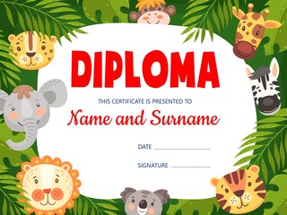 Kids diploma with cute cartoon animals. Vector certificate with funny elephant, leopard, giraffe and monkey, koala and lion in jungle. Education school or kindergarten graduation award frame template
