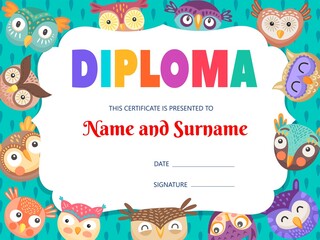 Kids diploma with funny owls and owlets vector template. Educational school or kindergarten certificate with cute birds characters, graduation or achievement award frame for children, cartoon design