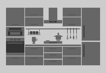 Kitchen furniture set. Vector silhouette icon.
