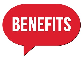 BENEFITS text written in a red speech bubble