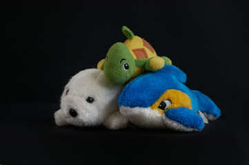 Soft childrens toys: turtle, seal, dolphin isolated on black background