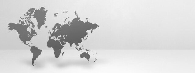 World map on white wall background. 3D illustration. Horizontal banner