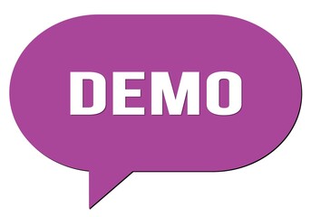 DEMO text written in a violet speech bubble