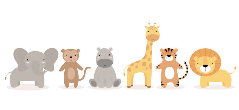 Cartoon cute animals for children's greeting card, poster, children's room, clothing, invitation. Vector illustration. Elephant, Monkey, Hippo, Giraffe, Tiger, Lion