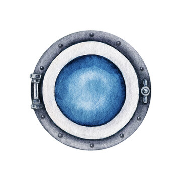 recommend clip art: Watercolor round silver Ship's Porthole window with rivets. Vintage Nautical vessel part. Maritime Sea traveling clipart. Hand drawn element isolated for design print, logo, poster, invitation