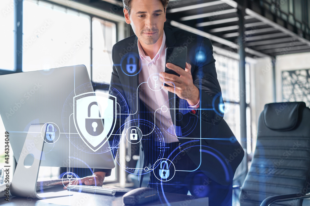 Poster businessman in suit checking cyber security using smart phone to protect clients confidential inform