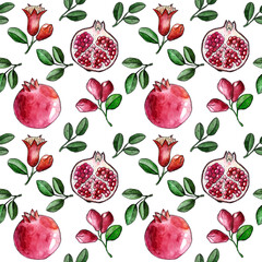 Watercolor seamless pattern with pomegranates and green leaves on white background. Pattern with botanical hand-drawn illustrations.