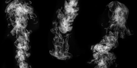 A perfect set of three different mystical curly white steam or smoke on a black background. Abstract background