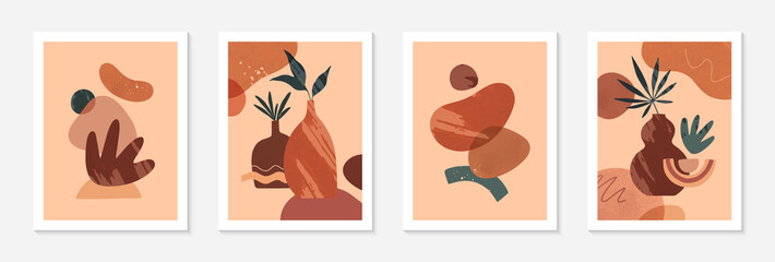 Bundle of modern abstract vector illustrations with vases,organic various shapes and leaves.Boho watercolor wall art decor.Trendy artistic designs perfect for banners;social media,covers,wallpaper.