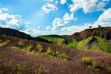 limestone cliffs from the old volcano and green vegetation in the middle of the plain - 434334806