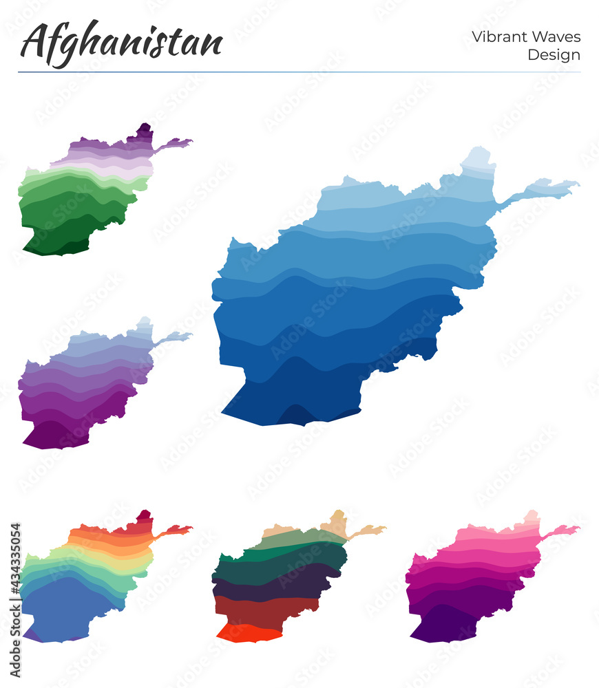 Poster set of vector maps of afghanistan. vibrant waves design. bright map of country in geometric smooth c