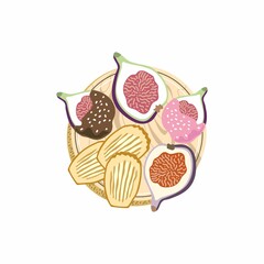 Fototapeta premium Vector illustration of slices of figs and madeleine cookies on a wooden board. Fig slices in chocolate glaze. Snack board serving dessert isolated on white background. 